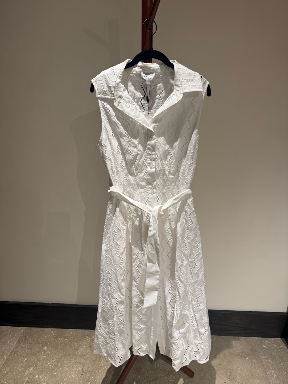 Milly White Eyelet Collared Tie-Waist Midi Dress